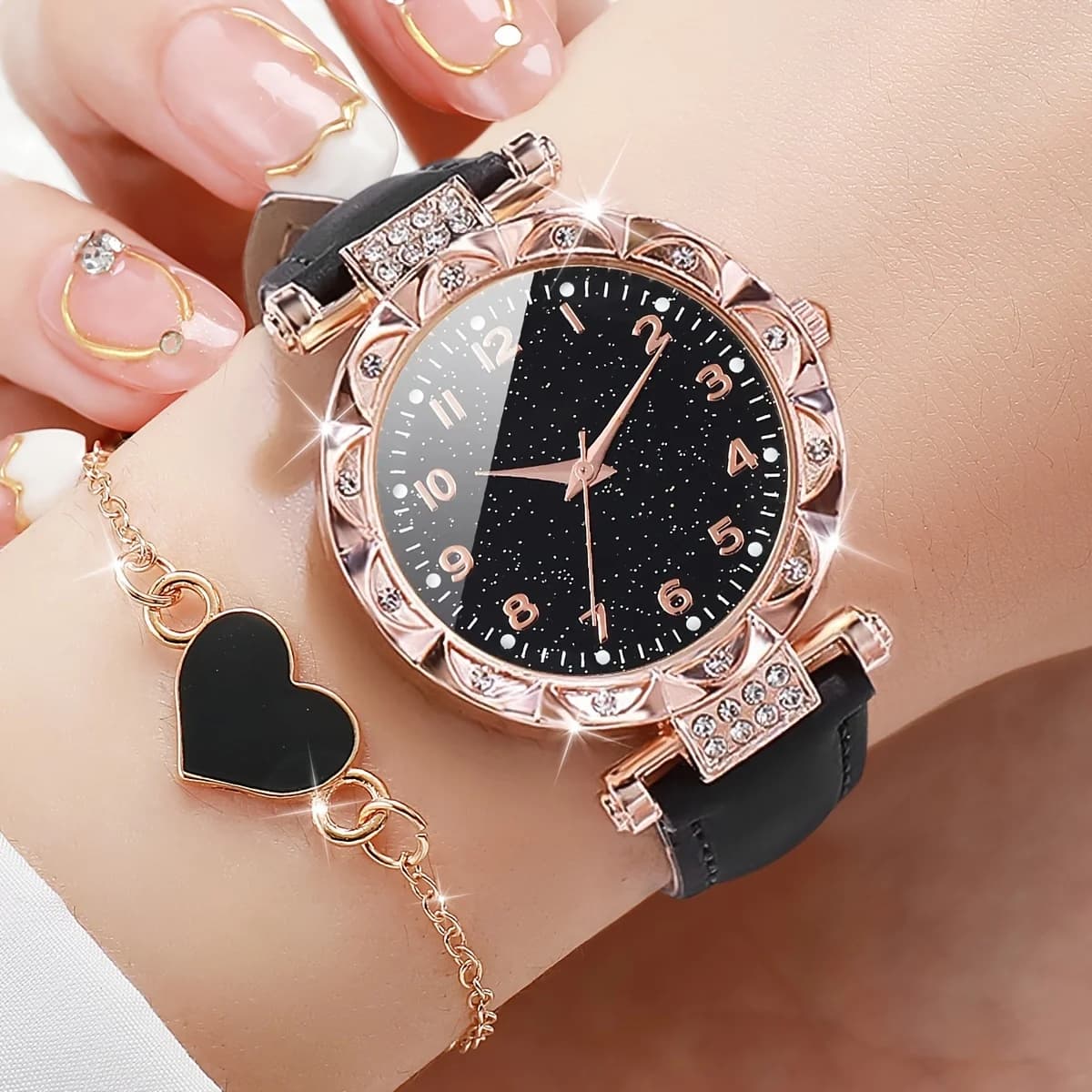 2 pezzi/set moda strass orologio al quarzo da donna analogico cinturino in pelle PU orologi da polso braccialetto a cuore