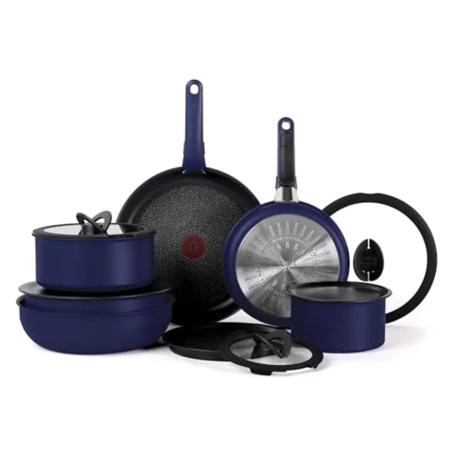 Set di Pentole Antiaderenti Blu 14 Pezzi, Compatibile con Induzione e Forno, Resistente fino a 500°F, Manico Staccabile, per Cucina, Camper e Campeggio, Padelle e Casseruole