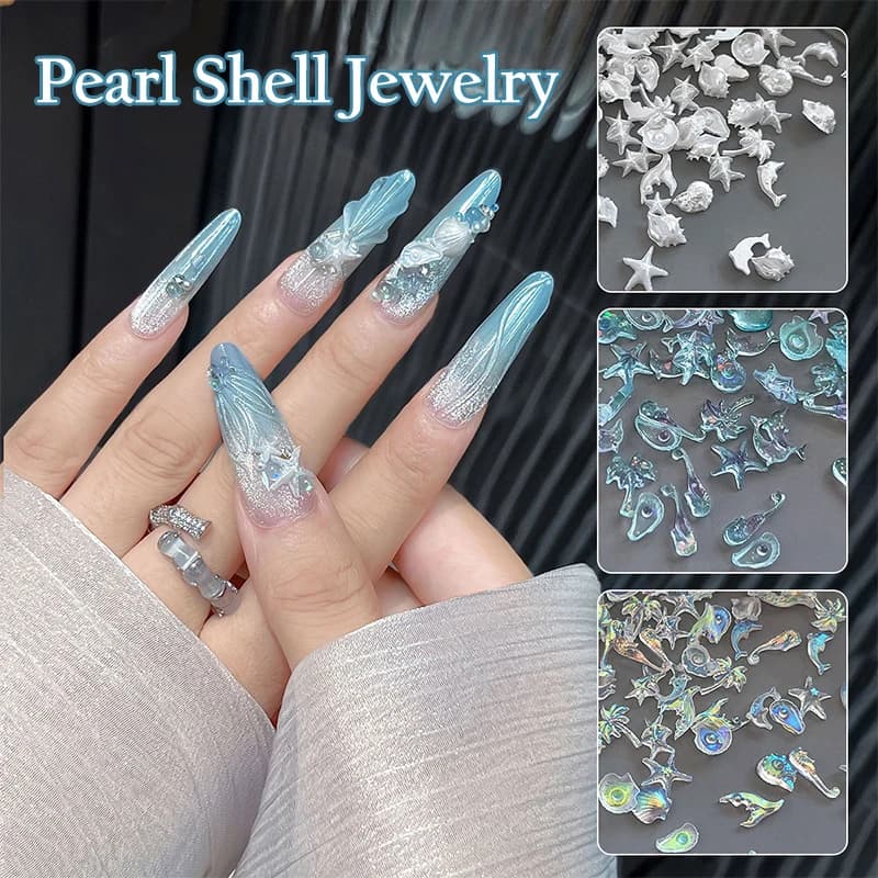 50 Pieces Mix Series Ocean Beads Shells Rhinestone Stars Marine Jewelry Nail Decorations Flash Accessories Charms Supplies for Nail Art