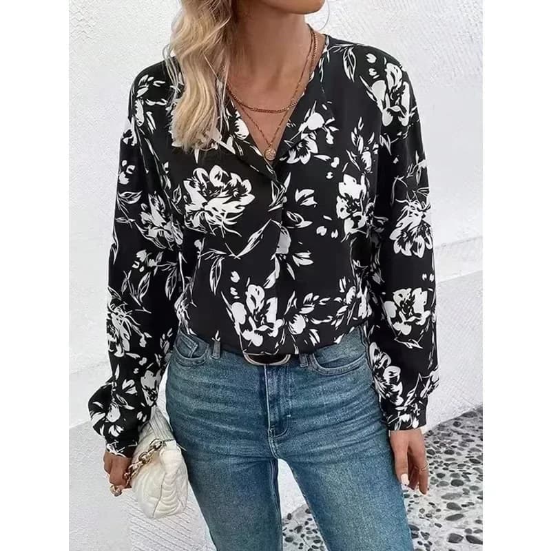 Camicia da donna taglie forti nuova collezione primavera autunno, a maniche lunghe, stampata, con scollo a V, elegante, top femminile alla moda