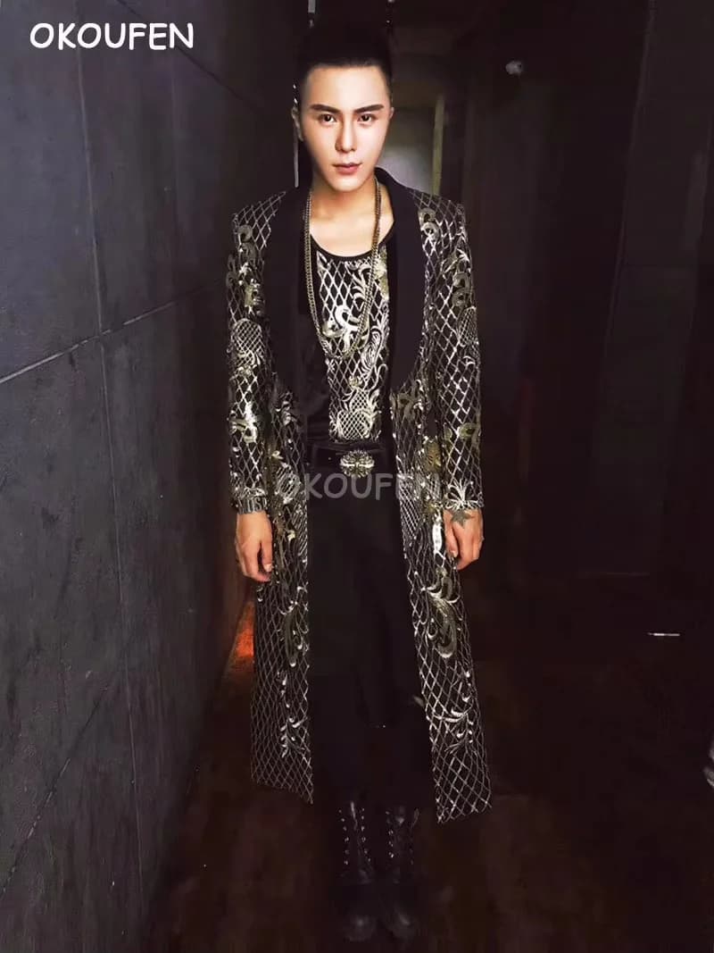 Quality Man Personality Embroidery Baroque palace long Jacket Costume Nightclub male singer DJ stage Show performance outwear