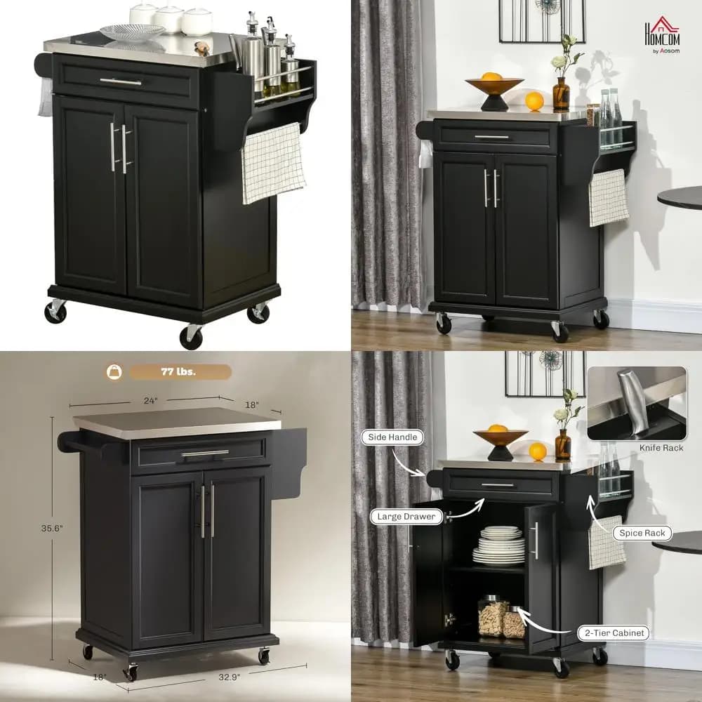Isola da Cucina Mobile con Piano in Acciaio Inox, Portasciugamani e Portaspezie, Carrello Utilitario Nero