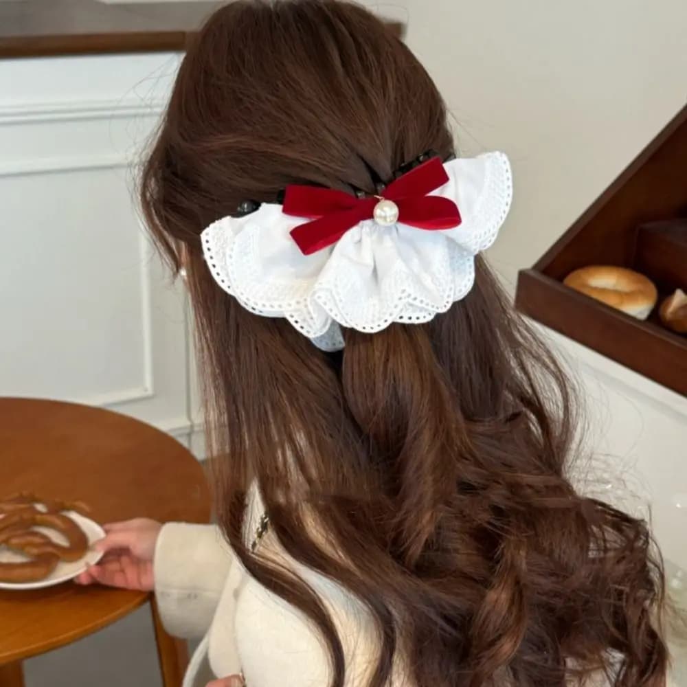 Headdress Cloth Red Velvet Bow Hair Clip Pearl Hair Clips Lace Bow Hairpin Korean Style Vintage Style Bow Vertical Clip Gift