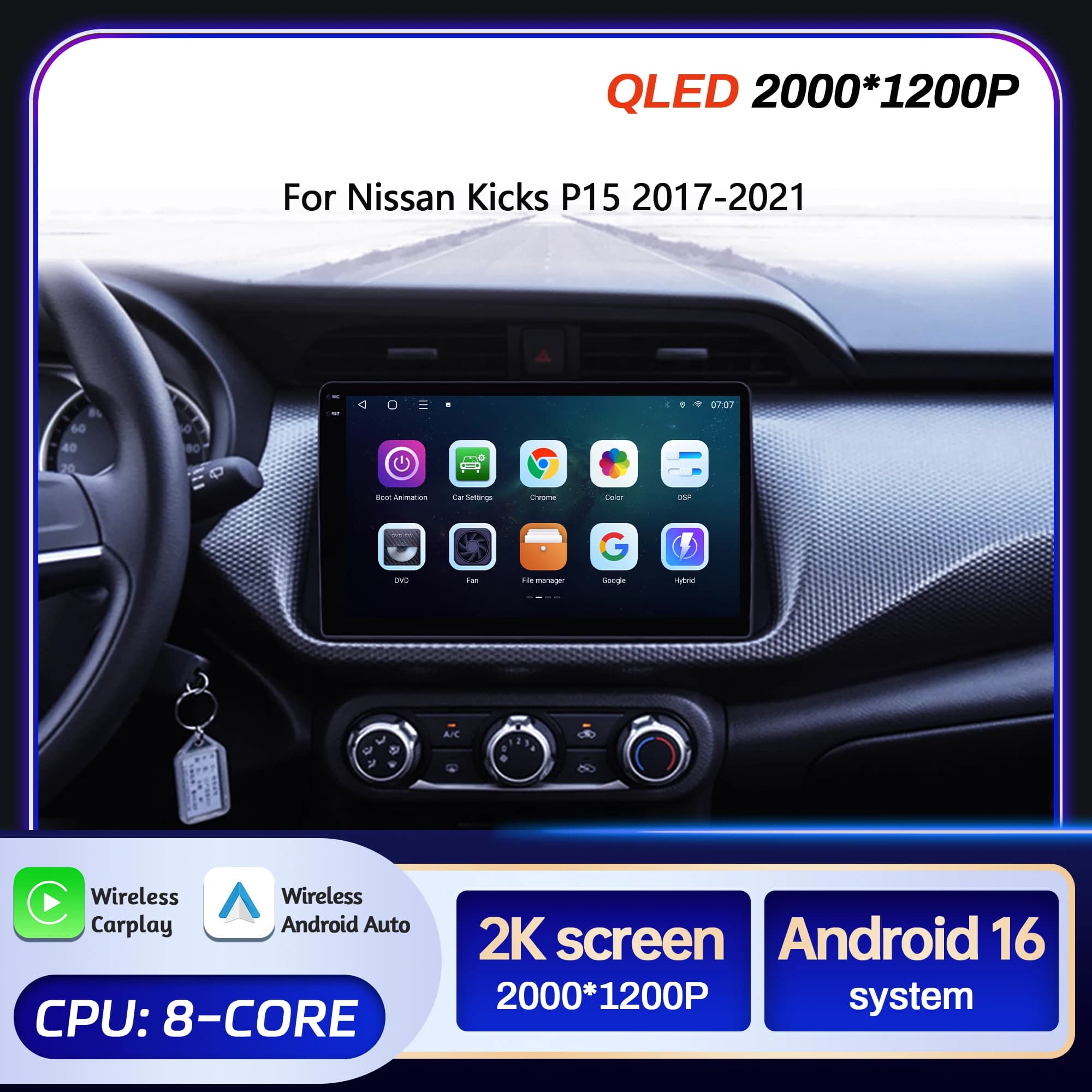 10" Car Radio For Nissan Kicks P15 2017-2021 Android 16 Wireless BT Carplay Multimedia Navigation Touch 2K QLED Screen