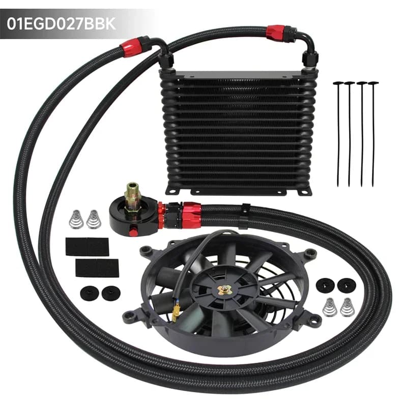 Kit radiatore olio motore in alluminio Uinversal da 15 file 32mm AN8 3/4"-16 UNF 226MM + adattatore filtro olio + ventola elettrica da 7"