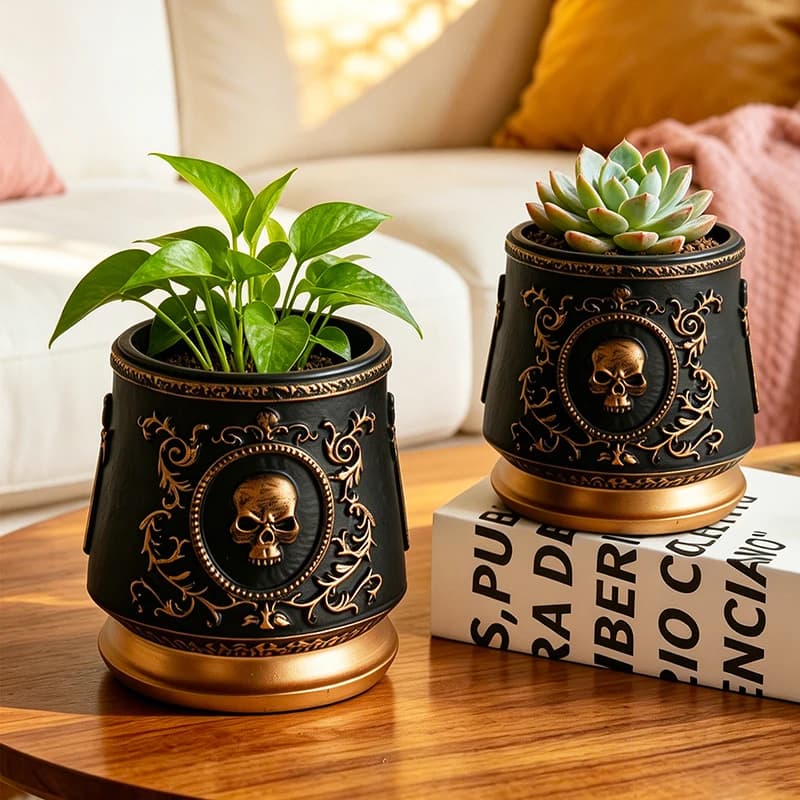 Vaso per Fiori Gotico con Teschio in Rilievo, Fioriera in Resina Nera e Oro per Piante Grasse e Piccole Piante, Decorazione per Casa, Ufficio, Scrivania e Finestra