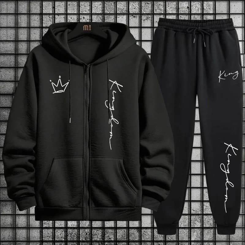 King Letter Print Hoodie and Sweatpants Men's Set Fall Winter Daily Casual Fashion Sportswear Male High Quality Zipper Tracksuit