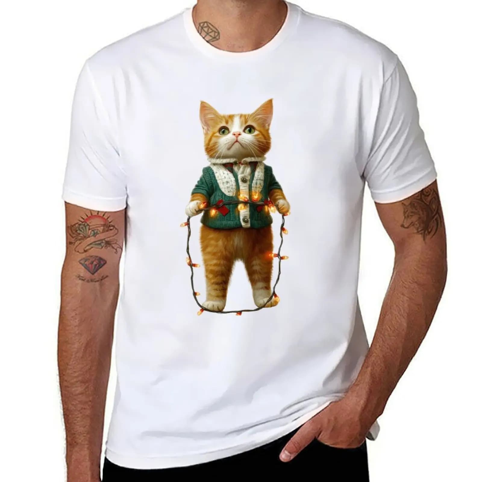 simpatico gatto con lucine T-shirt maglietta in cotone 100% magliette da uomo T-shirt slim fit