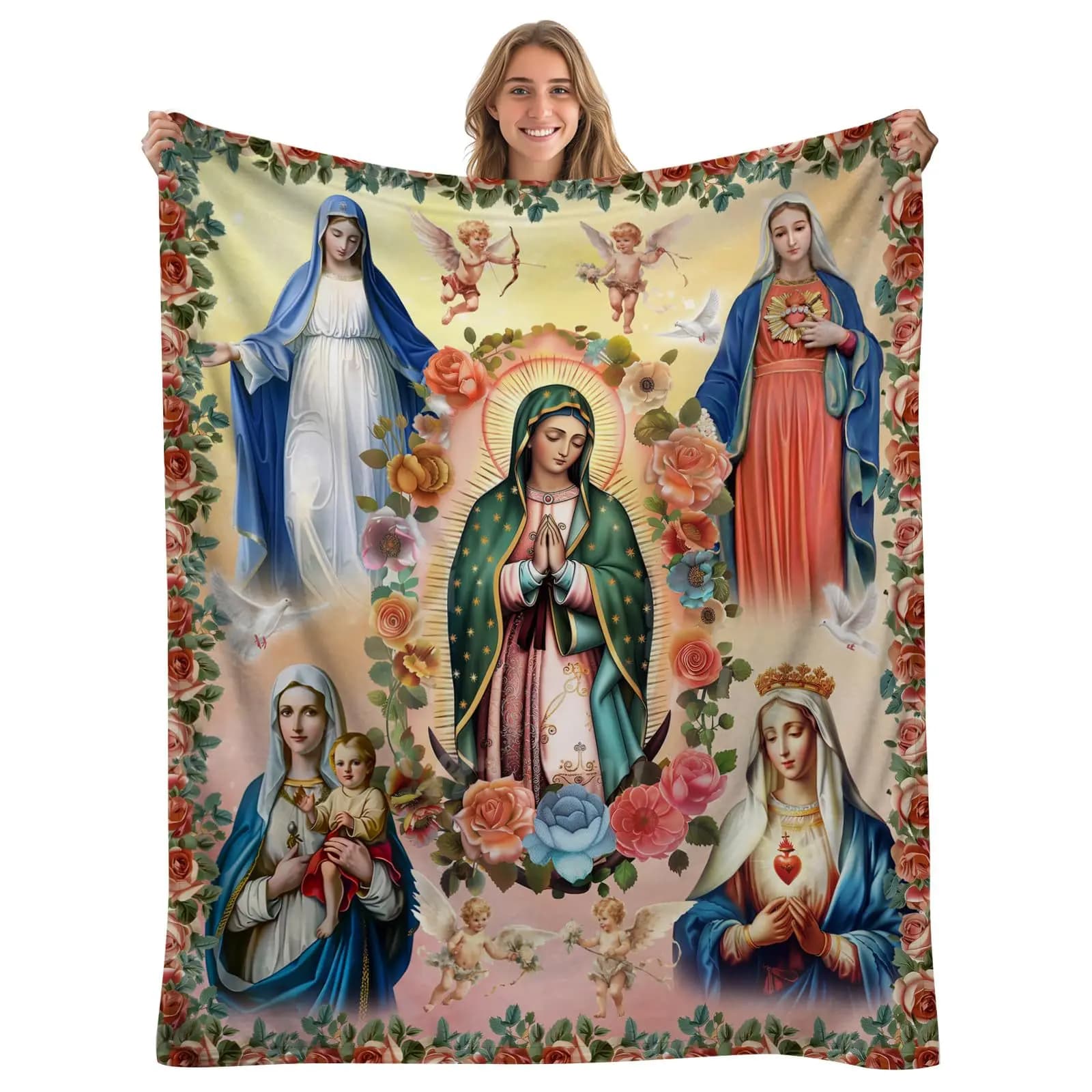 Coperta morbida per divano in flanella di velluto per camera da letto in poliestere stampato digitale della Vergine Maria Coperte morbide per divani in pile per letti