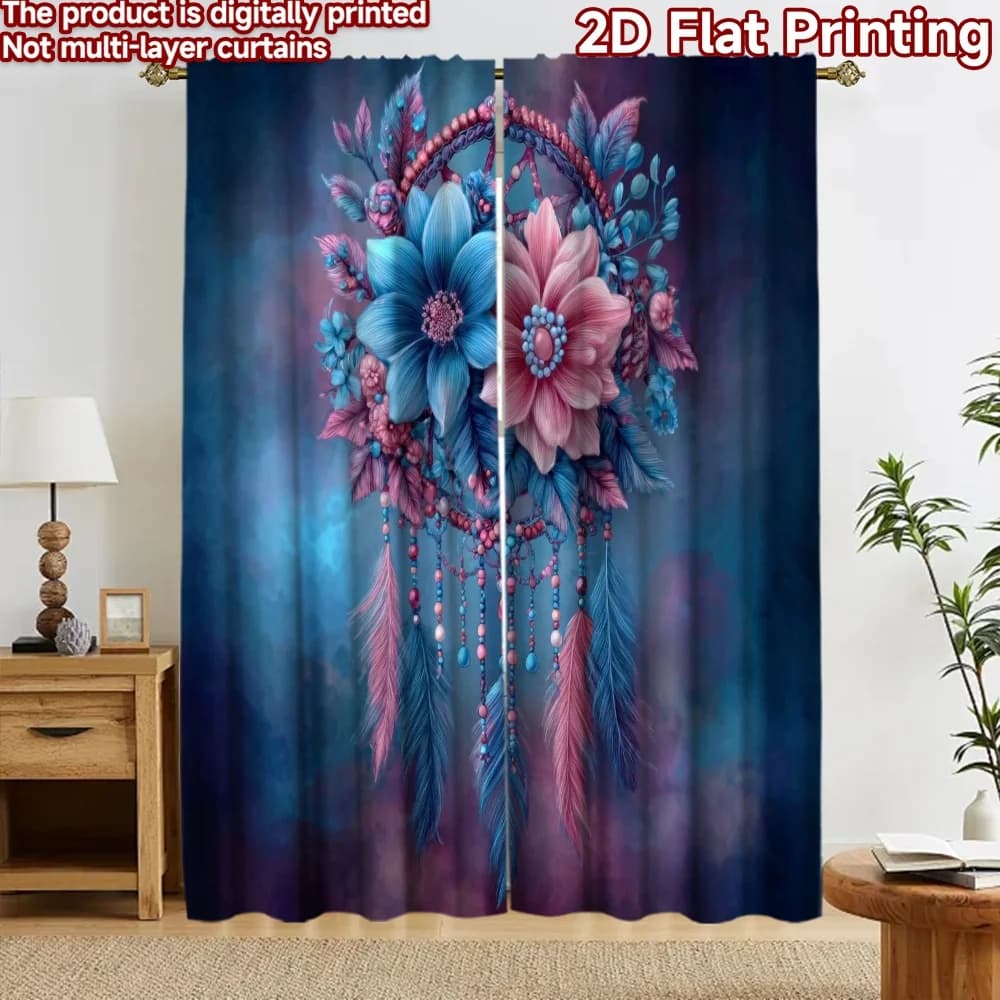 2D flat printing 2pcs Curtain Window Curtains Dreamcatcher with Flowers Digital Printed Polyester Drapes Festive Wall Decor