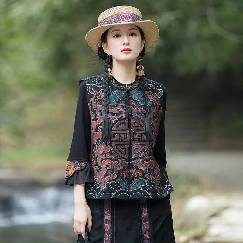 New Women's Ethnic Embroidered Loose Fit Waistcoat Open Waist Design Comfortable Breathable Ruche Detail Spring Summer Jacket
