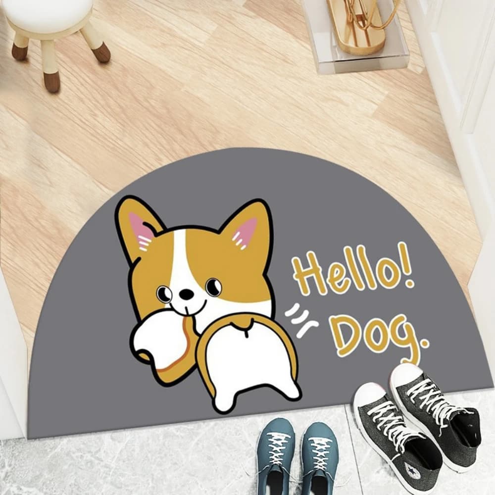 Gray Background Cute Corgi Hello Slogan Half Round Doormat & Entryway Floor Mat for Cartoon Style Household