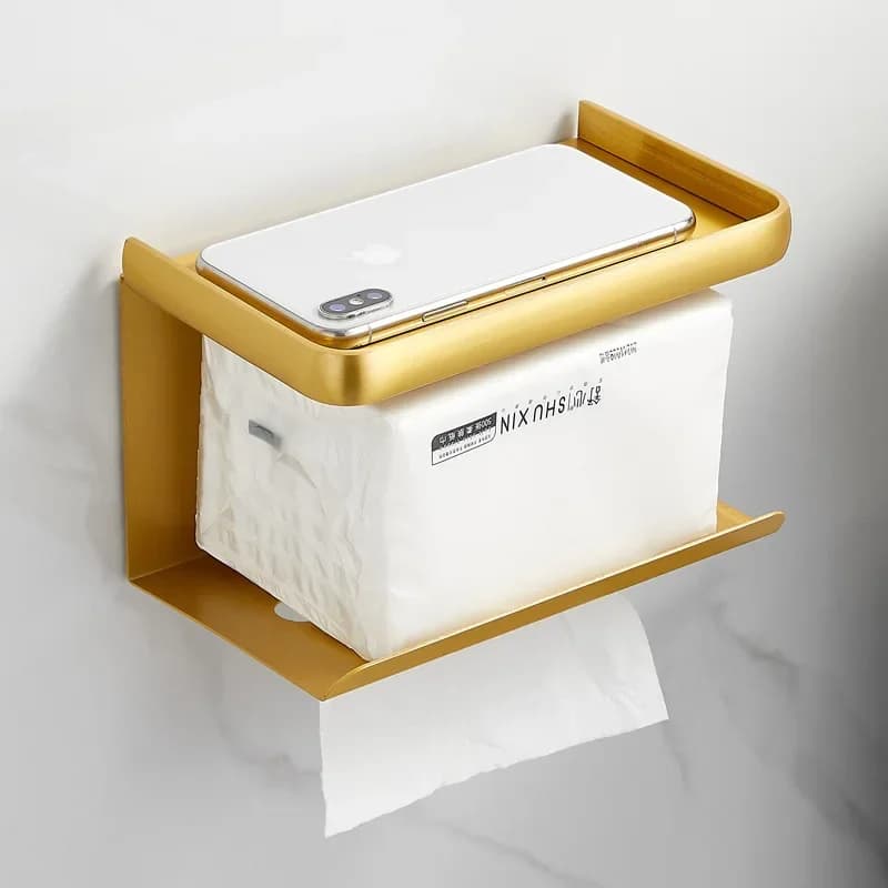 Luxury-inspired brushed gold aerospace aluminium toilet roll holder with storage shelf and mobile phone stand