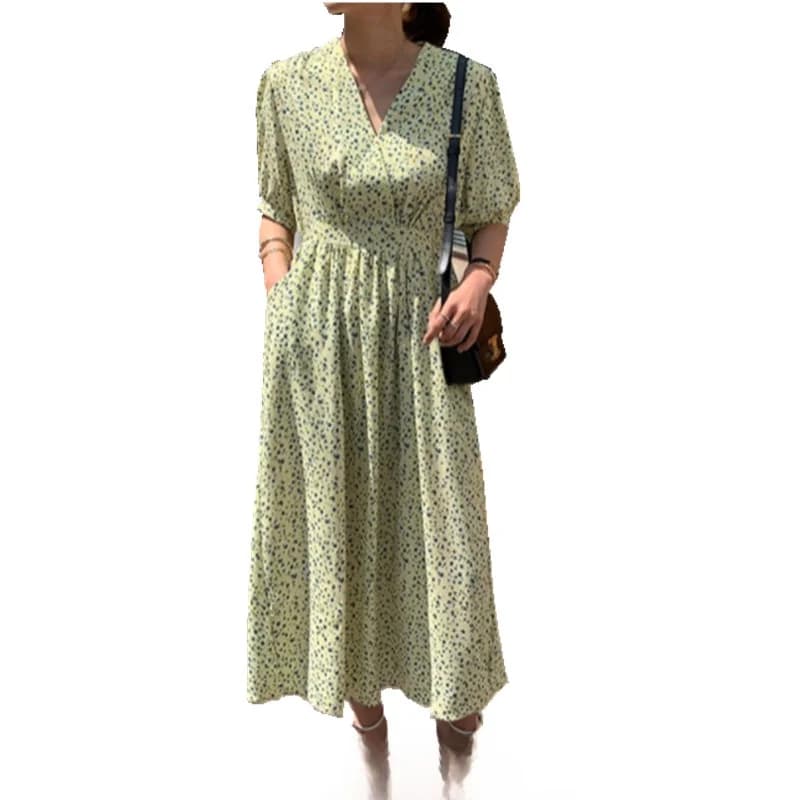 Korean Style plus Size Women's Floral Print V-Neck Slimming Waist Short Sleeve Midi Dress with Pockets A-Line Skirt Dress