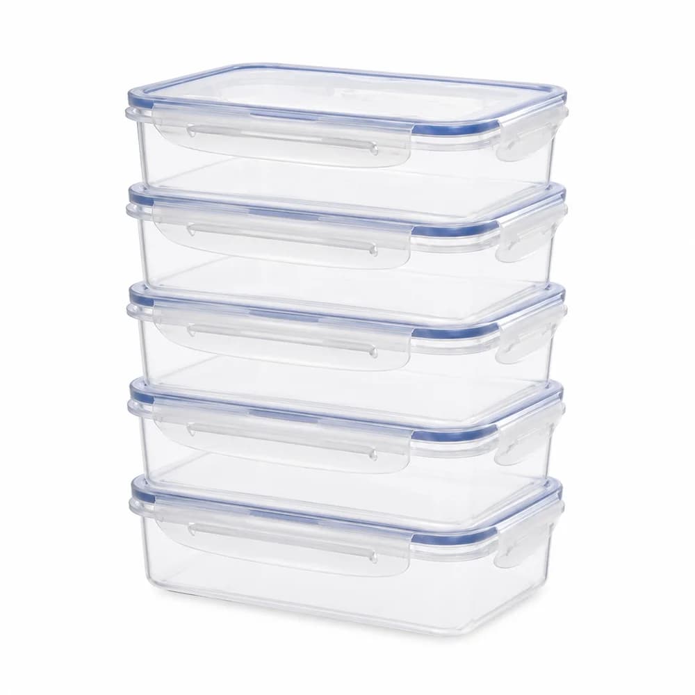 5 Pcs Clear Plastic Food Storage Containers 1500ml, Rectangular Lunch Boxes with Lids for Meal Prep Fridge Kitchen Storage