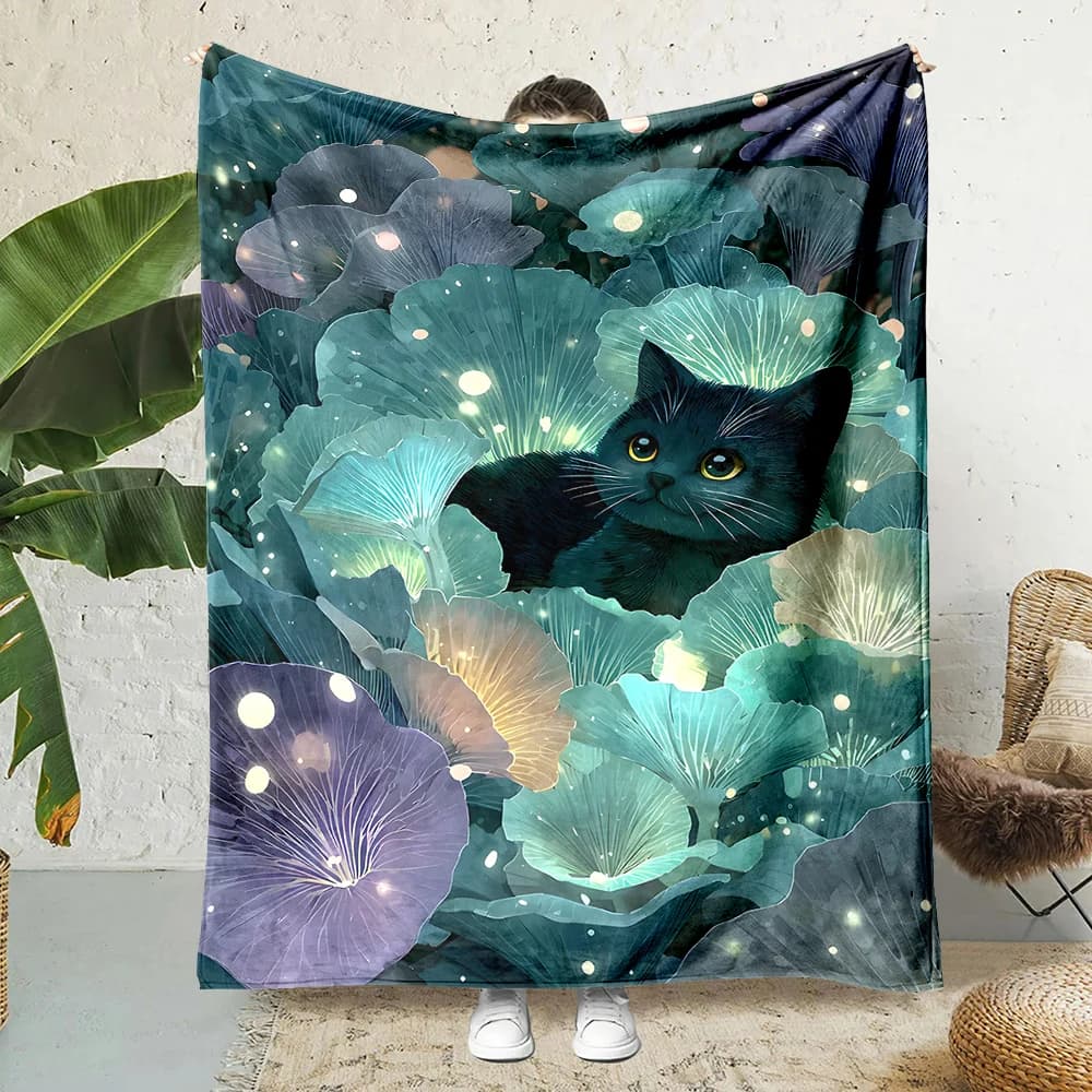 Coperta con stampa fantasia di gatti neri, fiori luminosi e lucciole, calda, morbida e soffice, per bambini e adulti, per divano, letto, viaggi, campeggio, camper