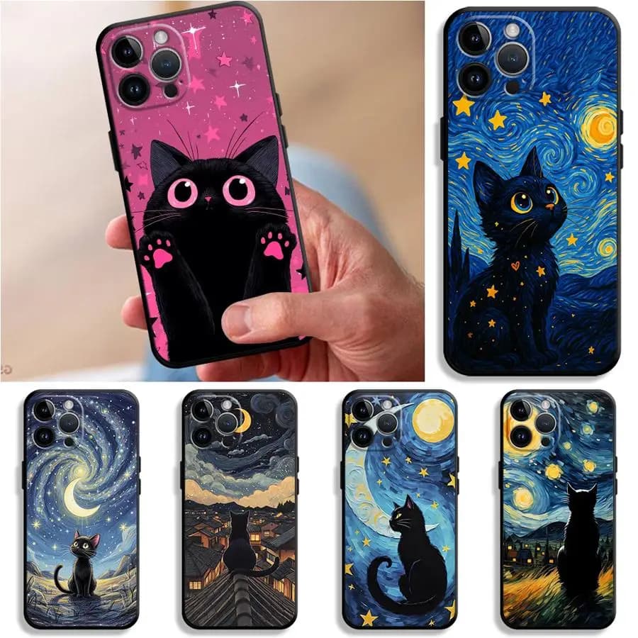 Cover per Telefono Funda per Apple iPhone 17 Pro Max 15 Pro 7 8 Air 17e 14 16 11 12 13 XR XS MAX Van Gogh Notte Stellata Gatto