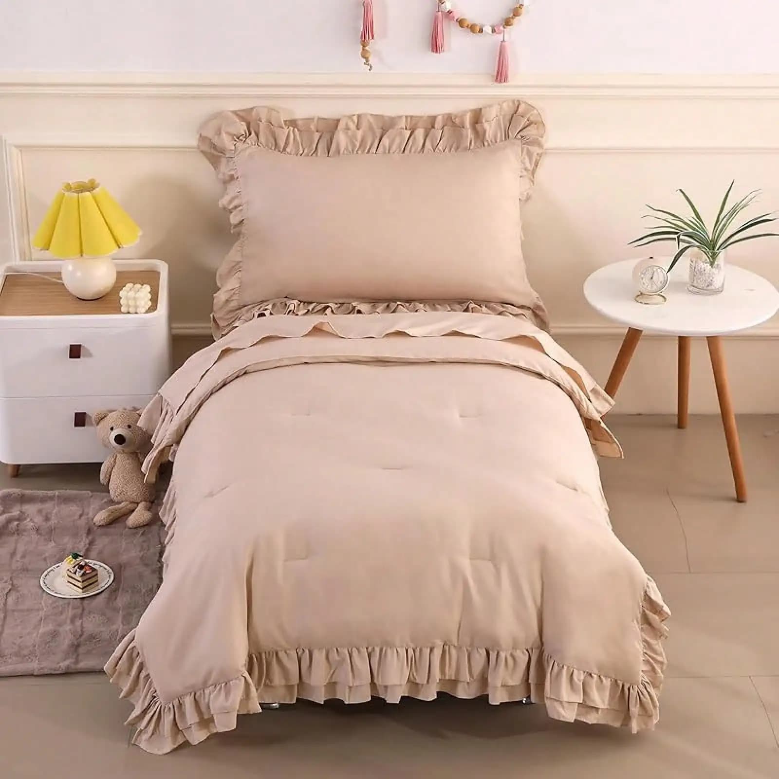 Set biancheria da letto 4 pezzi con nappe trapuntate, set trapunta letto rosa per bambini, trapuntato, lenzuolo piatto, lenzuolo con angoli, federe