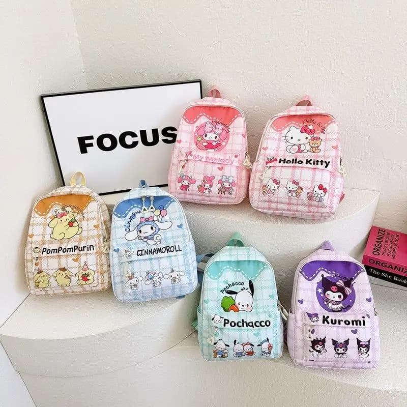 Kawaii Sanrio Cartoon Plaid Mini Backpack Cute Hello Kitty Kuromi Cinnamoroll Print Small School Bag, Lightweight Casual Daypack