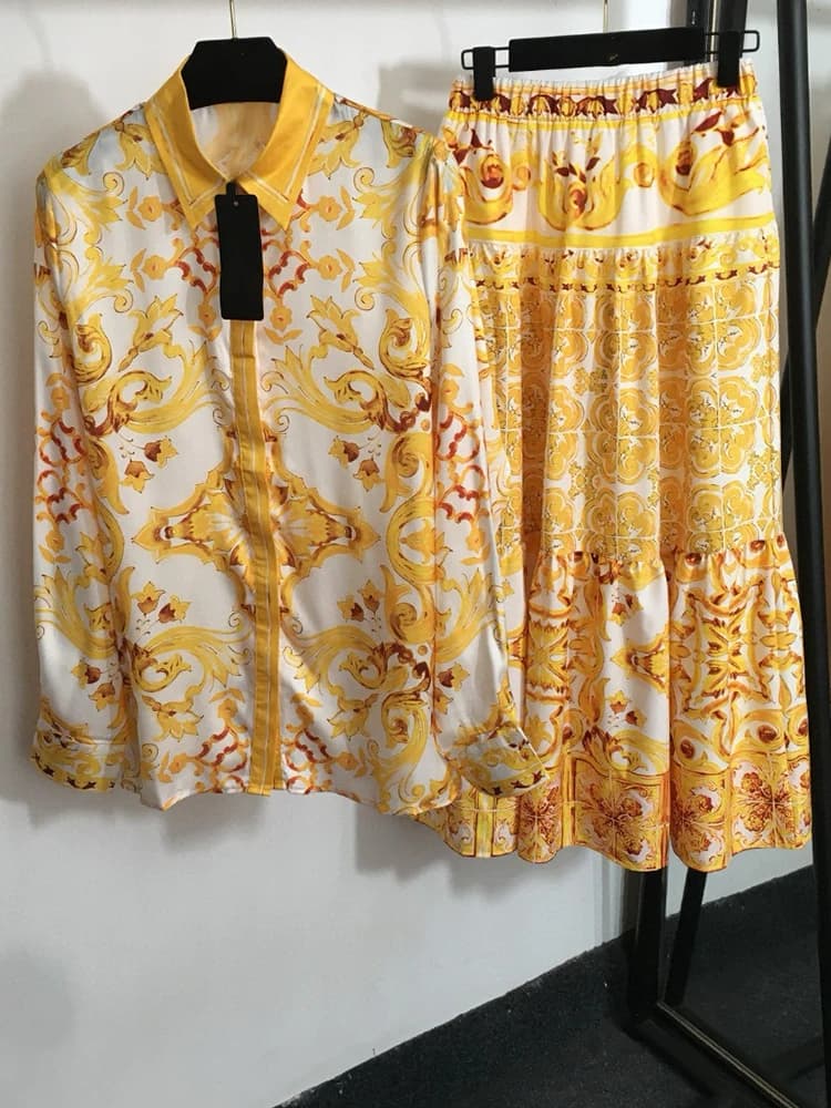 Printed shirt with long sleeves with retro twist, complete spring from fashionable woman + wide and soft skirt with elastic waist, elegant complete two pieces.