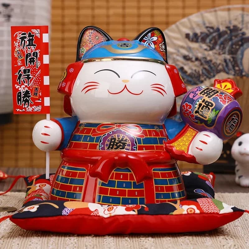 Ornamento samurai giapponese da 9 pollici in ceramica Maneki Neko Lucky Fortune Cat salvadanaio regalo decorazione mascotte