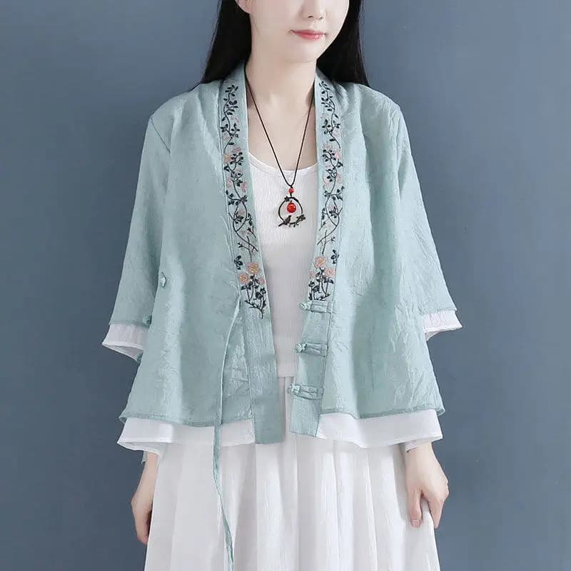 Ethnic Style Retro Artistic Linen Cotton Blend Cardigan Blouse Frog Button Fake Two Piece Chinese Style Tea Blouse Top CN-319
