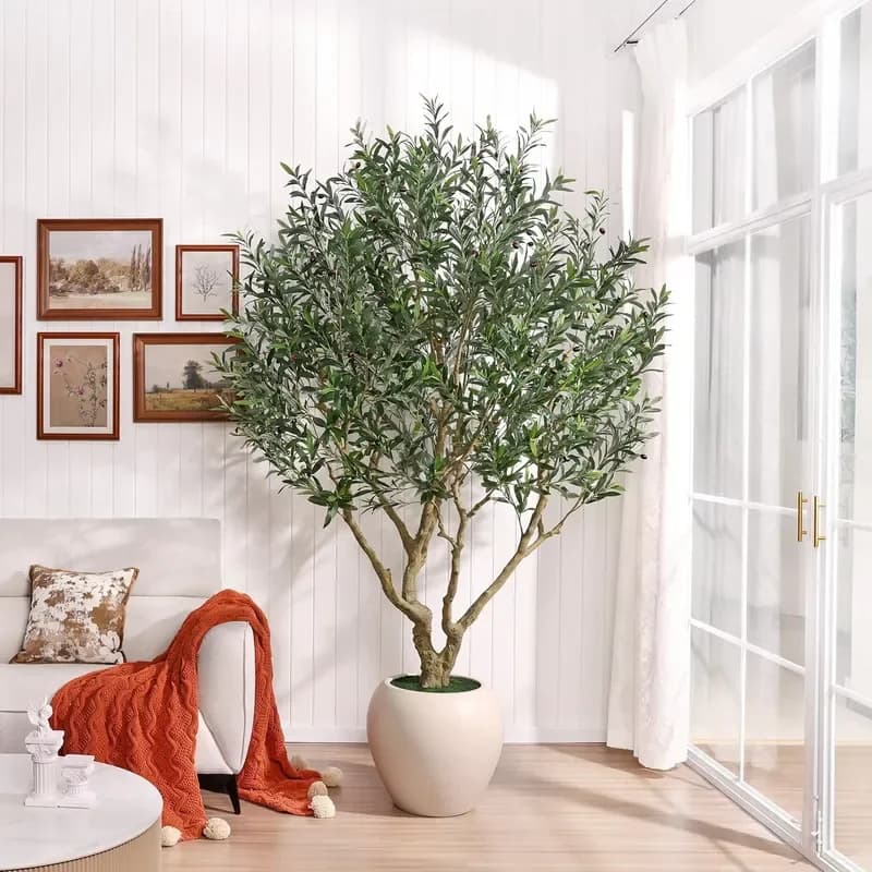 Artificial Olive Tree, Faux Olive Plant with Natural Trunk and Realistic Leaves for Home Living Room Indoor Decor