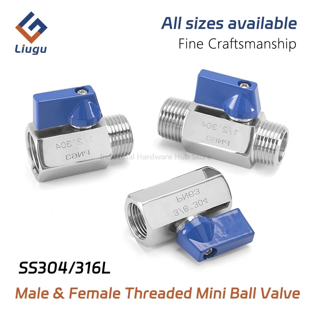 304/316L Stainless Steel Mini Ball Valve, 1/8" 1/4" 3/8" 1/2" 3/4" BSPT NPT Female Male Thread, Blue Handle Valve for Water/Oil