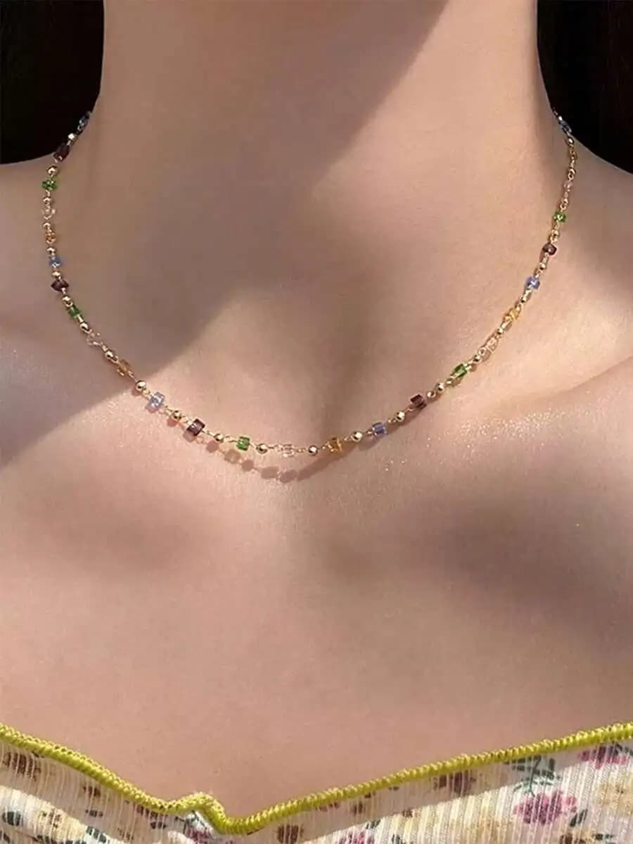 Colorful Dopamine Crystal Necklace for Women Delicate Collarbone Chain