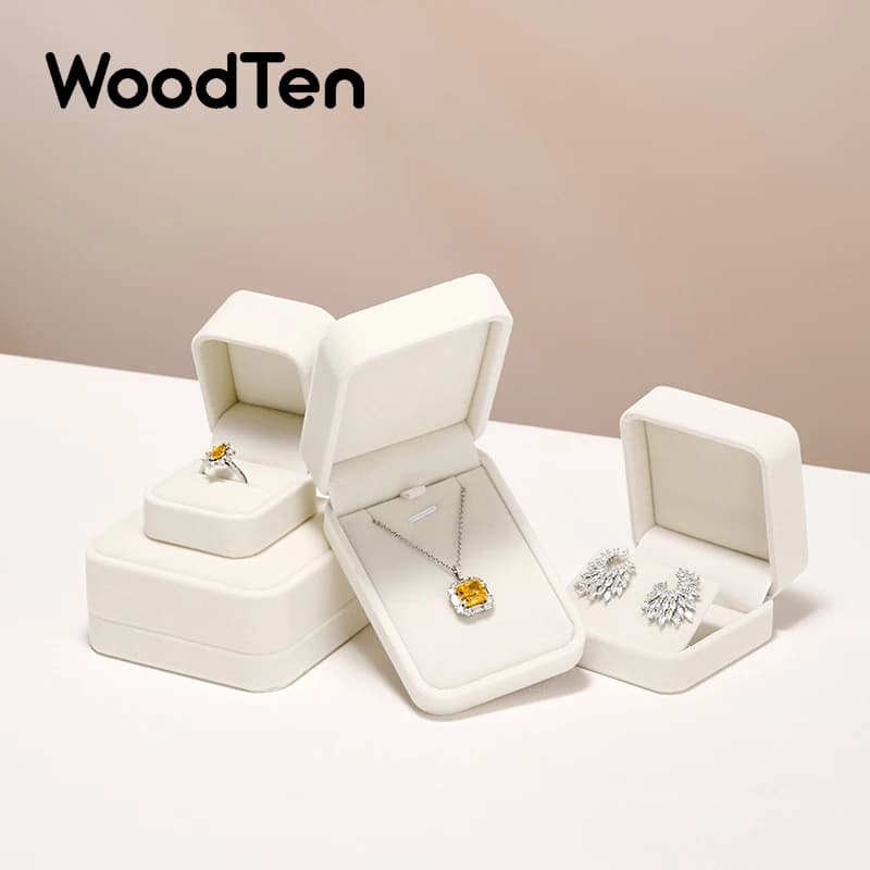 WoodTen Portagioie per anelli in velluto Scatola per orecchini beige Collana Bracciale Custodia per gioielli Organizzatore di gioielli Confezione regalo per gioielli per matrimonio