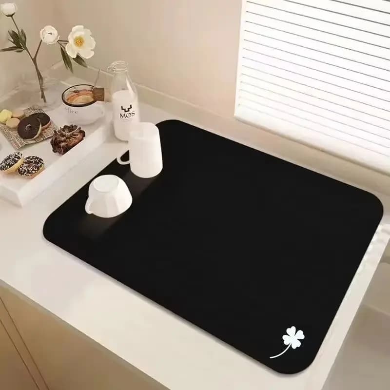 VIKAMA Black Four Leaf Clover Drying Mat Super Absorbent Anti Slip Heat Resistant Coffee Maker Kitchen Countertop Draining Pad