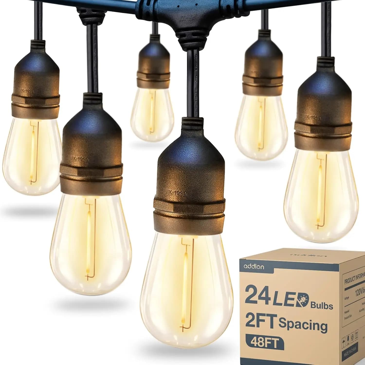 Luci a stringa LED da esterno da 48FT con 25 lampadine vintage infrangibili, resistenti alle intemperie per patio e giardino - Certificazione ETL