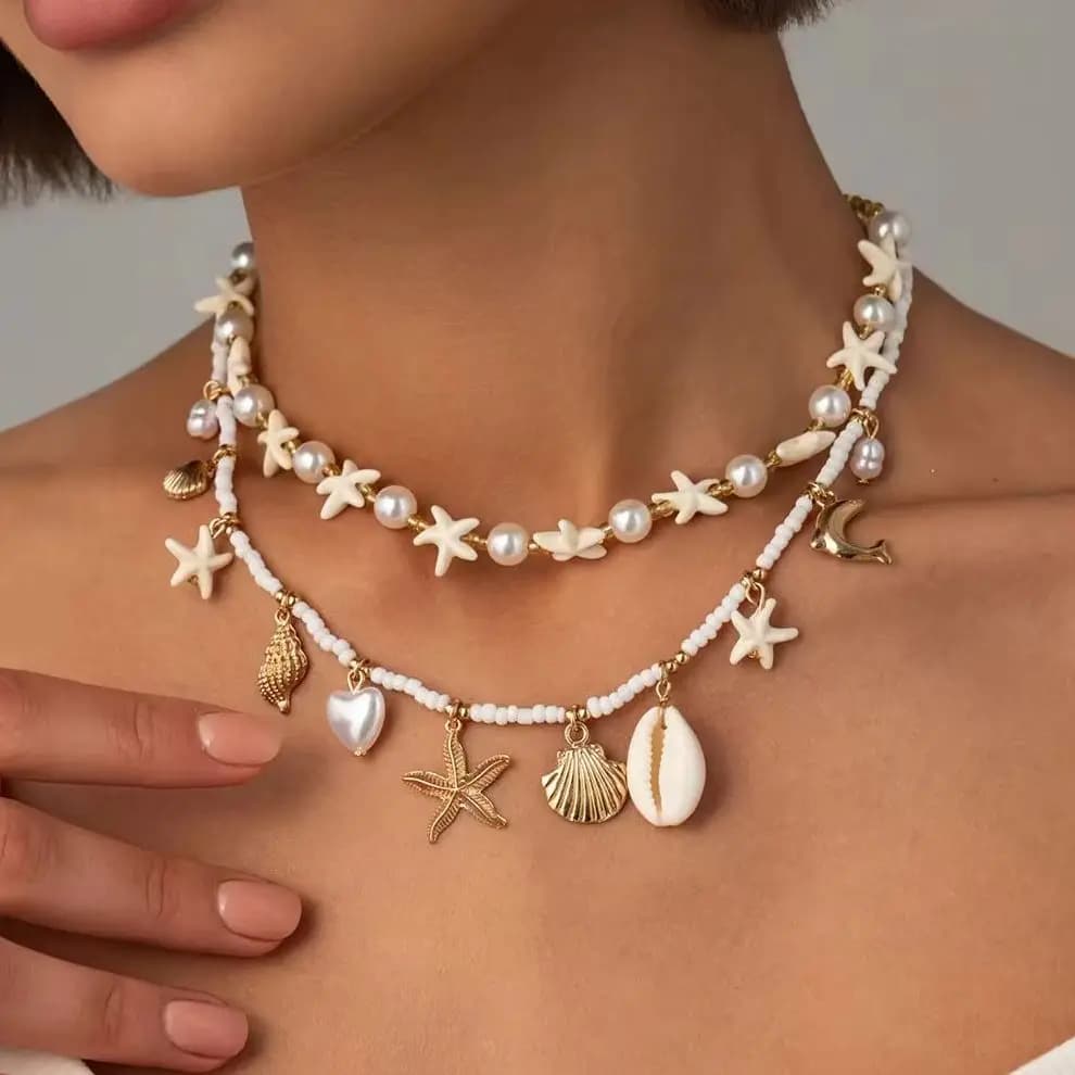 IngeSight.Z 2 Pcs/Set Bohemia Starfish Conch Scallop Pendant Necklace Women Handmade Imitation Pearl Choker Charm Jewelry Gift