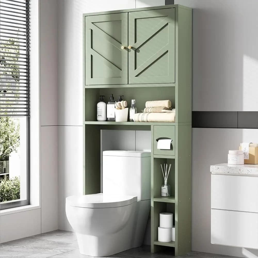 Mobiletto Salvaspazio da Bagno Sopra il WC, Organizer Largo 29,1 Pollici con Ripiani Regolabili e Porta Carta Igienica, Verde