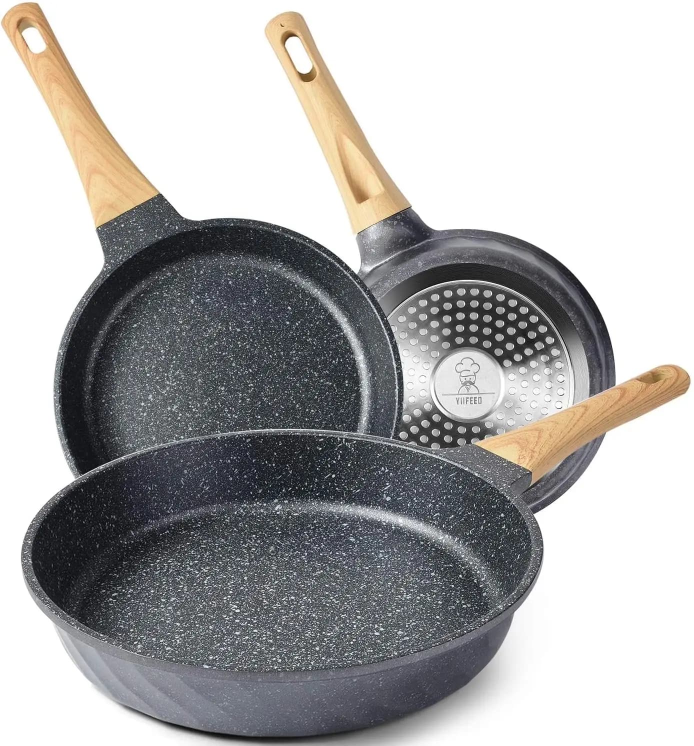 Set di Padelle Antiaderenti, Padelle in Granito per Induzione per Cuocere Omelette, 8" 9.5" 11" con Manico Resistente al Calore