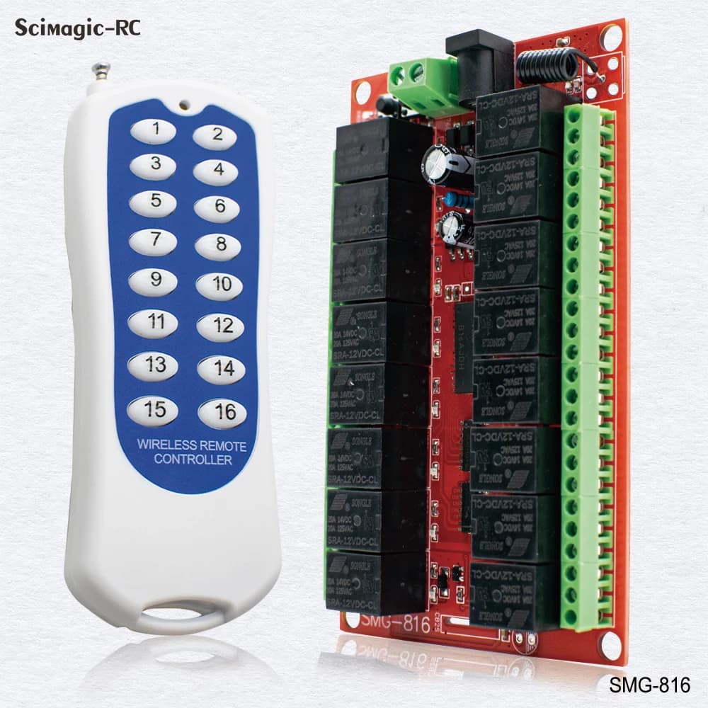 Sistema di Controllo Remoto Wireless RF SMG-816 a Lungo Raggio, 16 Canali, 12V DC, Trasmettitore e Ricevitore 433Mhz