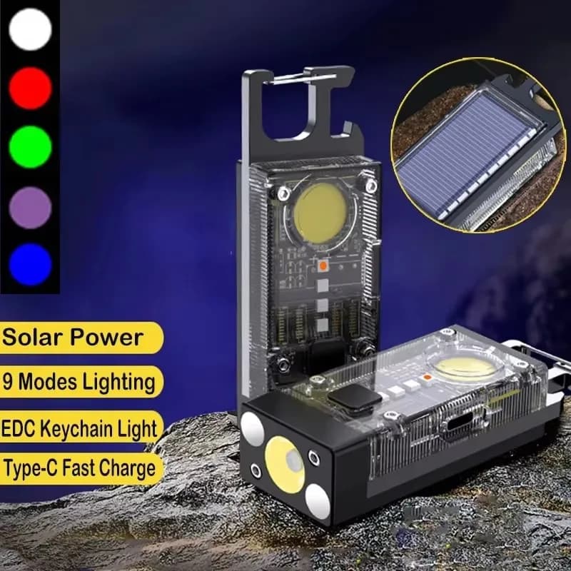 Mini EDC Solar Flashlight Portable Multifunction Keyring Flashlight Rechargeable COB Camping Flashlight via USB with Strong Magnet