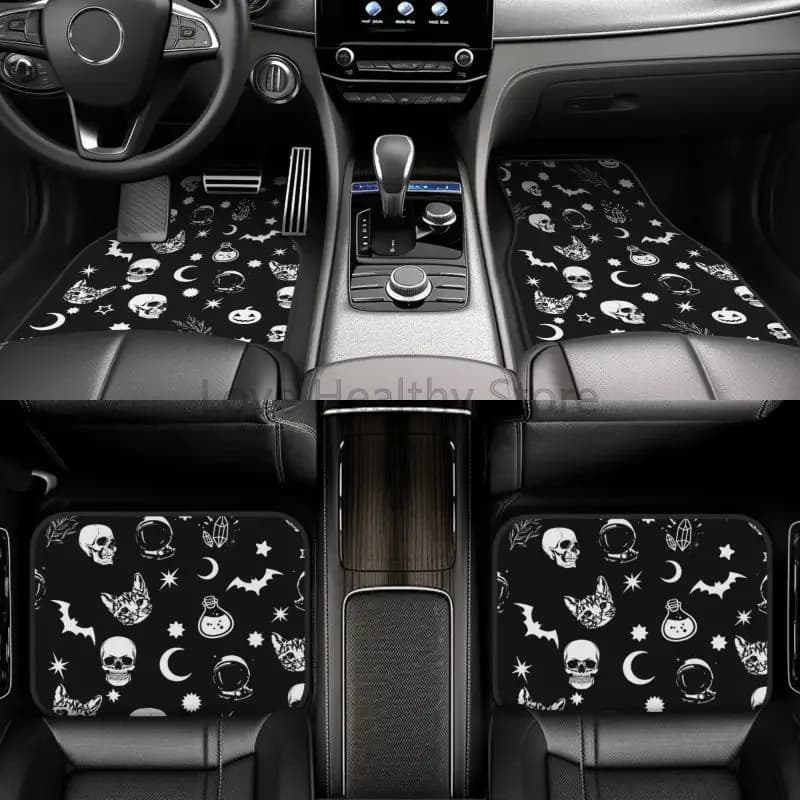 Tappetini per auto Accessori per auto Decor Teschio gotico Gatto Luna Stampa Tappetini per auto anteriori e posteriori Set di 4 pezzi con supporto in gomma