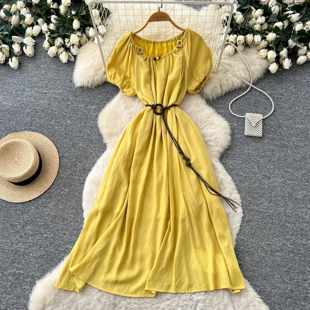 Abito Lungo da Donna Vestito a Trapezio Y2K Streetwear Girocollo Manica Corta Elegante per Feste Serate Lavoro Vita Stretta 2026