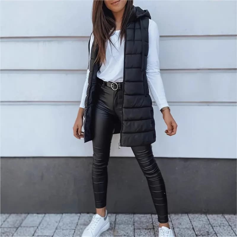 Gilet lunghi da donna Piumino Cappotti spessi Zip Up Gilet imbottito trapuntato Cappotto in cotone di media lunghezza con cappuccio Gilet Cappotto invernale caldo