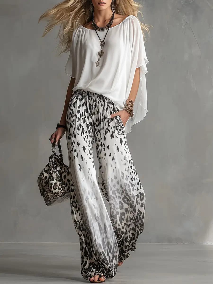 Completo Estivo in Chiffon da Donna, Set Due Pezzi con Top a Maniche a Pipistrello Tinta Unita e Pantaloni a Gamba Larga con Stampa Leopardata