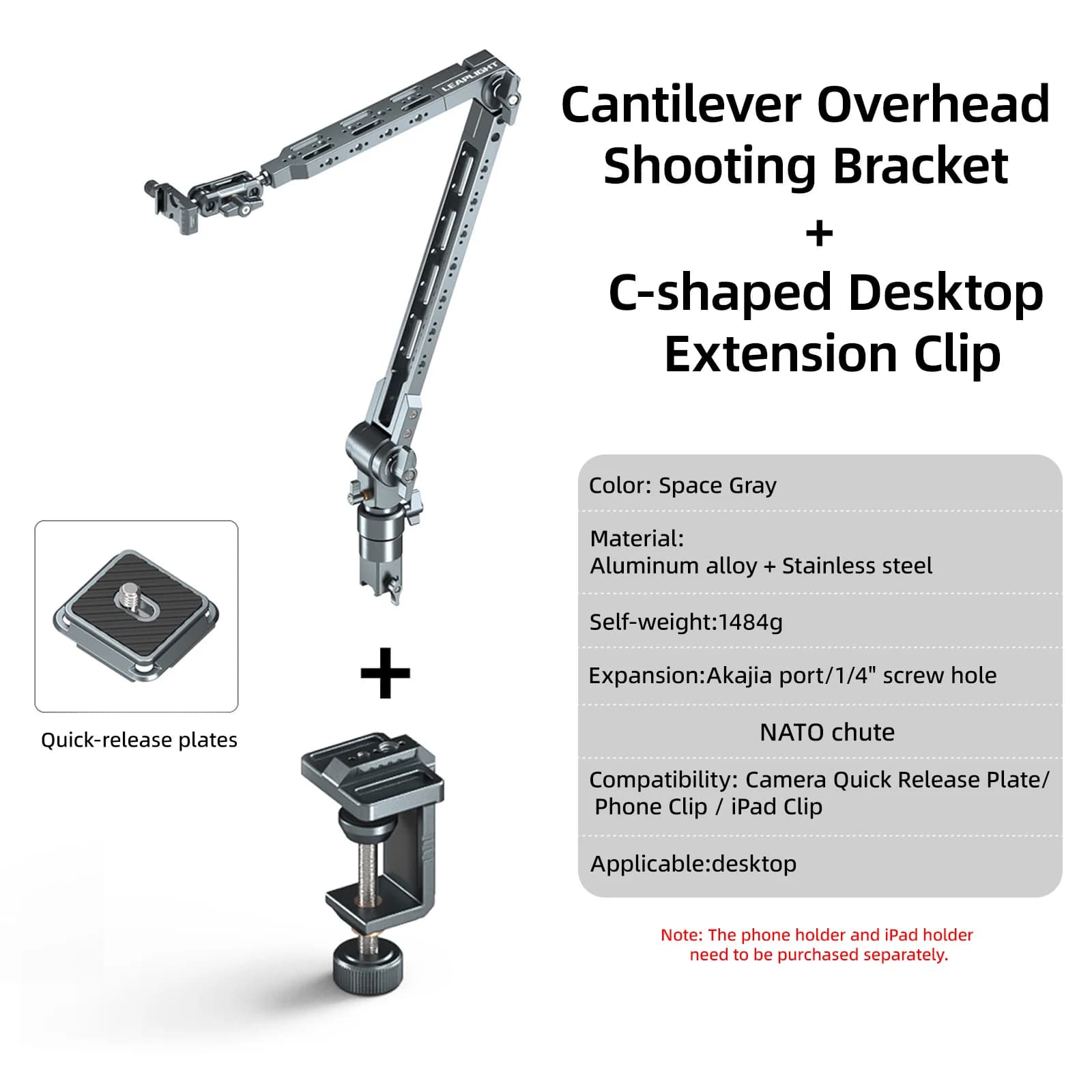 Overhead Camera Mount 360° Rotatable Cantilever Stand Articulating Arm with 1/4" Threads Desktop Stand for Phone/iPad