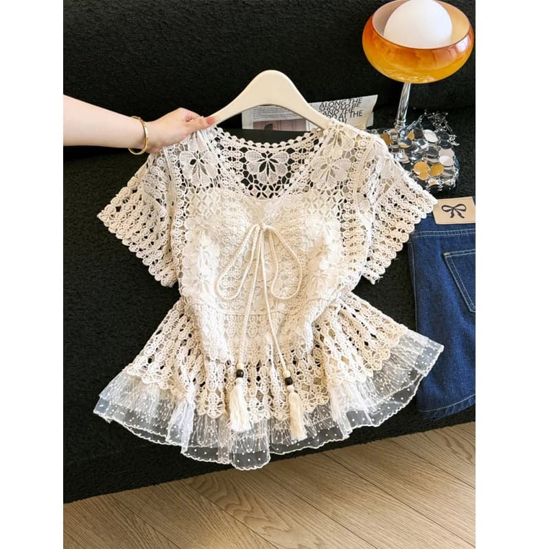 Korean Fashion Hook Flower Hollow Tops Patchwork Knitted Chiffon Shirt V Neck Summer Women Blouse