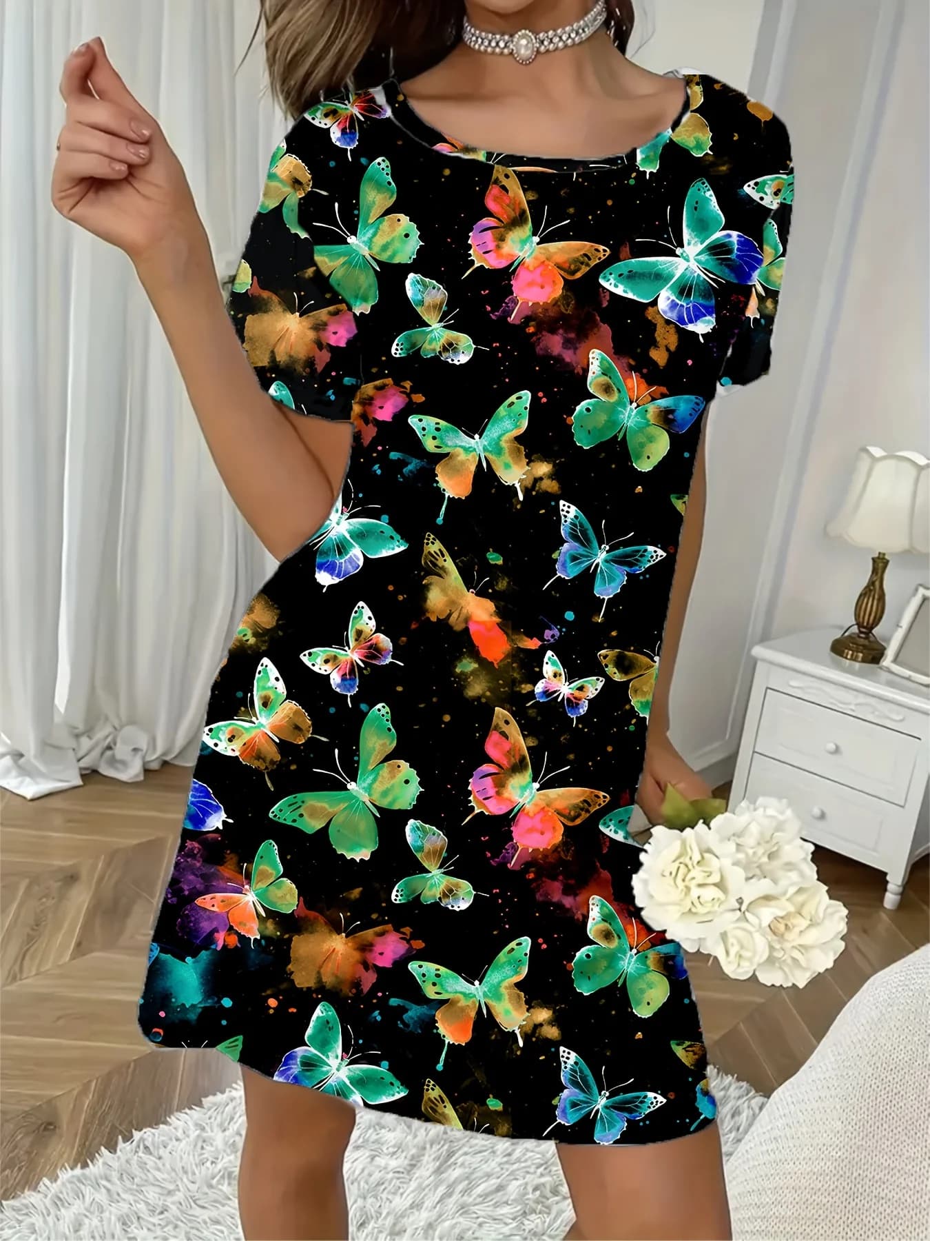 Women'S Butterfly Print Dress & Multicolor Floral-like pattern Woman Clothing Round Neck Short Sleeve Sleepwear Y2k Clothes Top