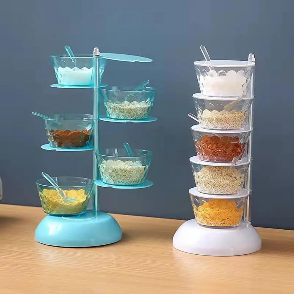 Scatola per condimenti girevole verticale con scatola per spezie con Design rotante trasparente per utensili da cucina con cremagliera rotante per cucchiaio di barattolo di sale