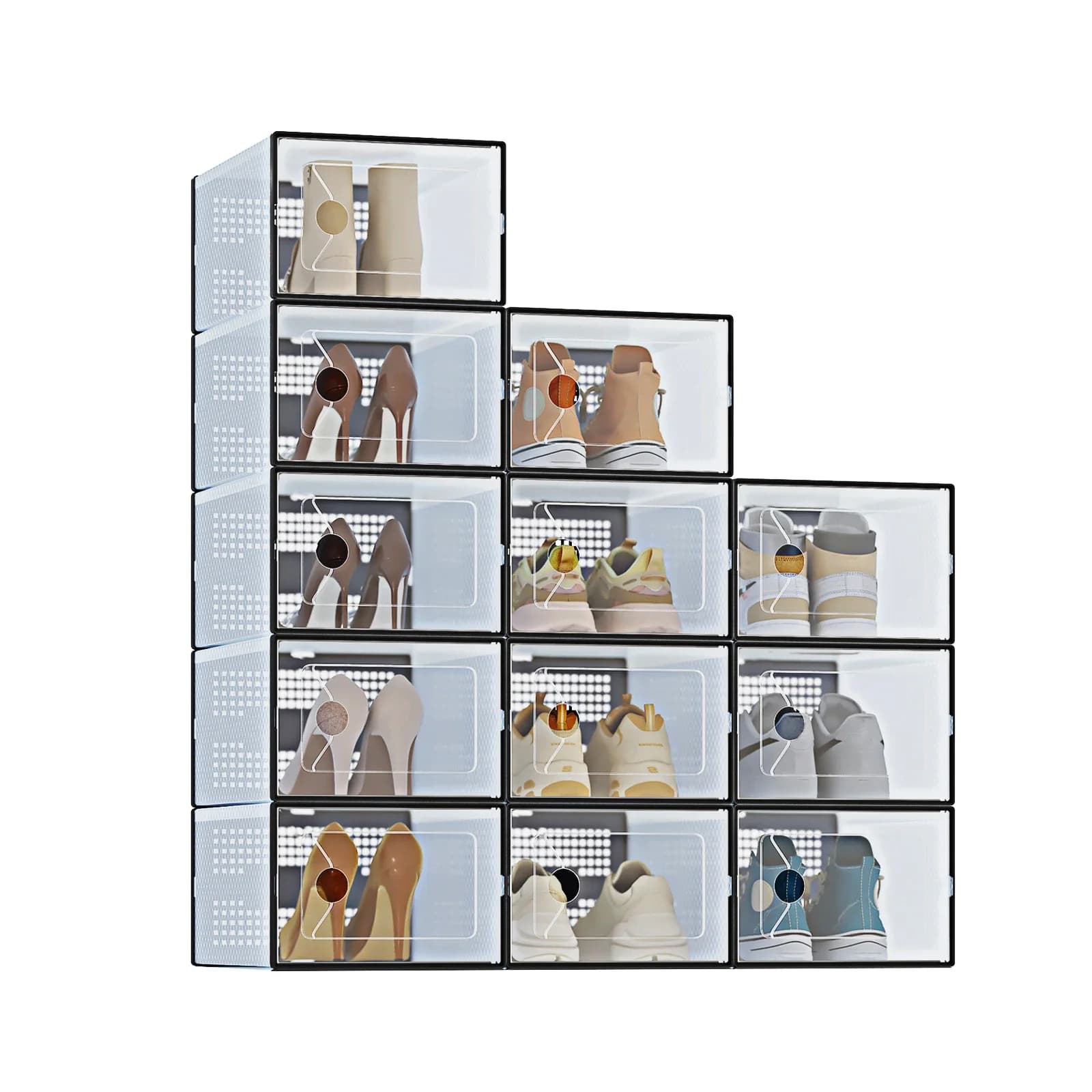 12-Pack Shoe Box Organizer for up to US Size 9, Stackable Plastic Storage Rack for Closet Hallway Bedroom, Black