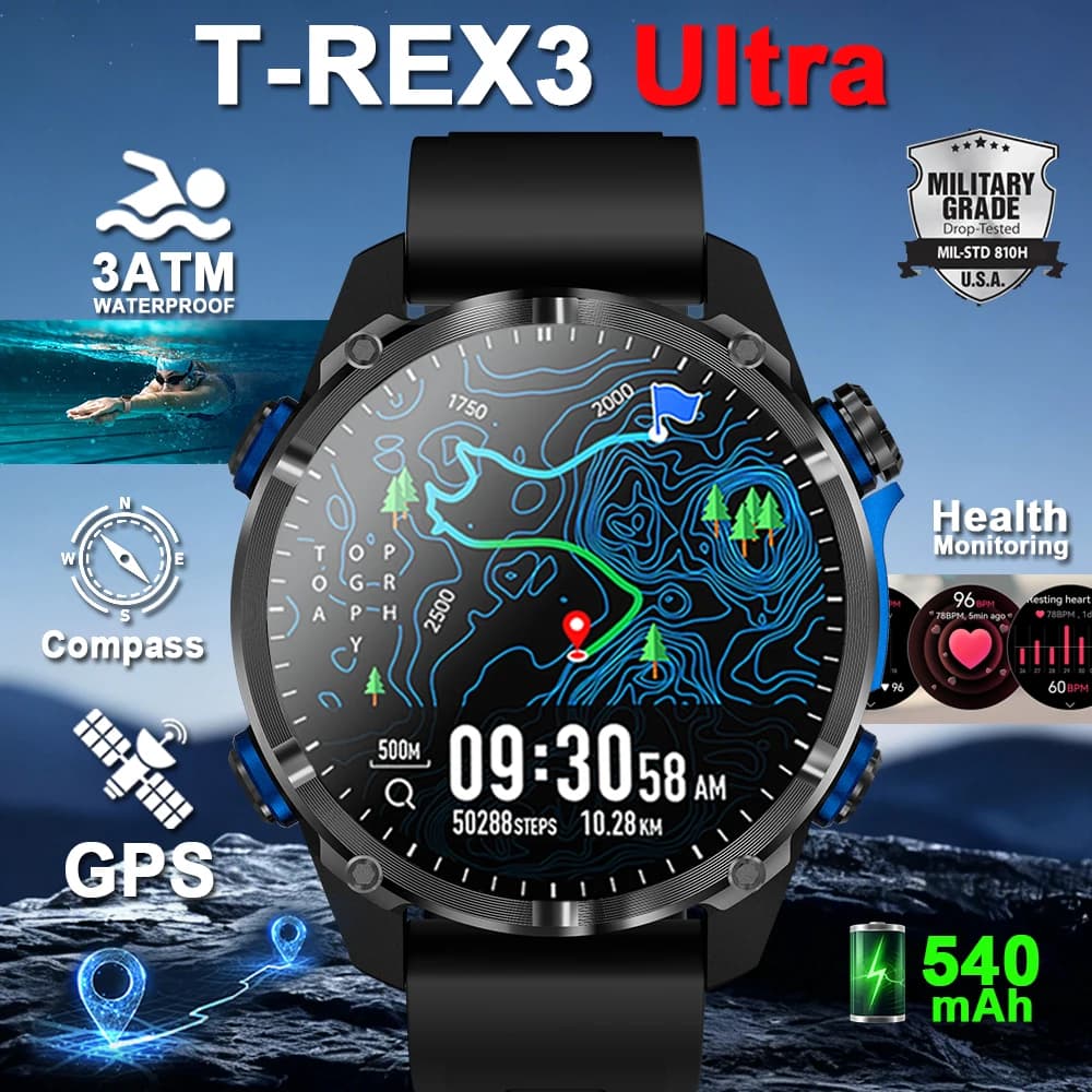 Smartwatch GPS T-Rex 3 Ultra 2026 per Uomo, Display AMOLED da 1,43'', Impermeabile 3ATM con Bussola GNSS Integrata, Orologio Sportivo Intelligente