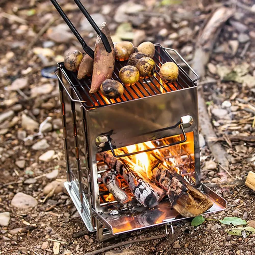 Stufa a legna in acciaio inossidabile Escursionismo all'aperto Picnic BBQ Cucina Stufa pieghevole Bruciatore a legna Stufa da campo con vassoio di cenere