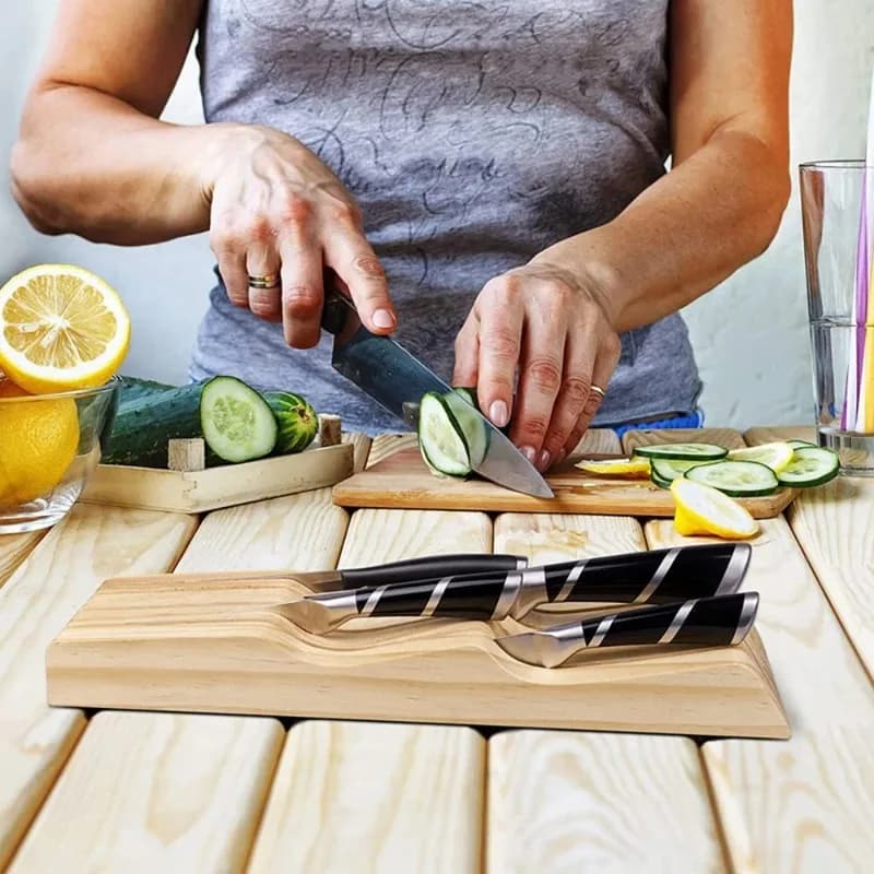 In-Drawer Wooden Knife Storage Organizer, Kitchen Drawer Cutlery Tray, Multi Slot Tableware Holder for Western Kitchen Knives