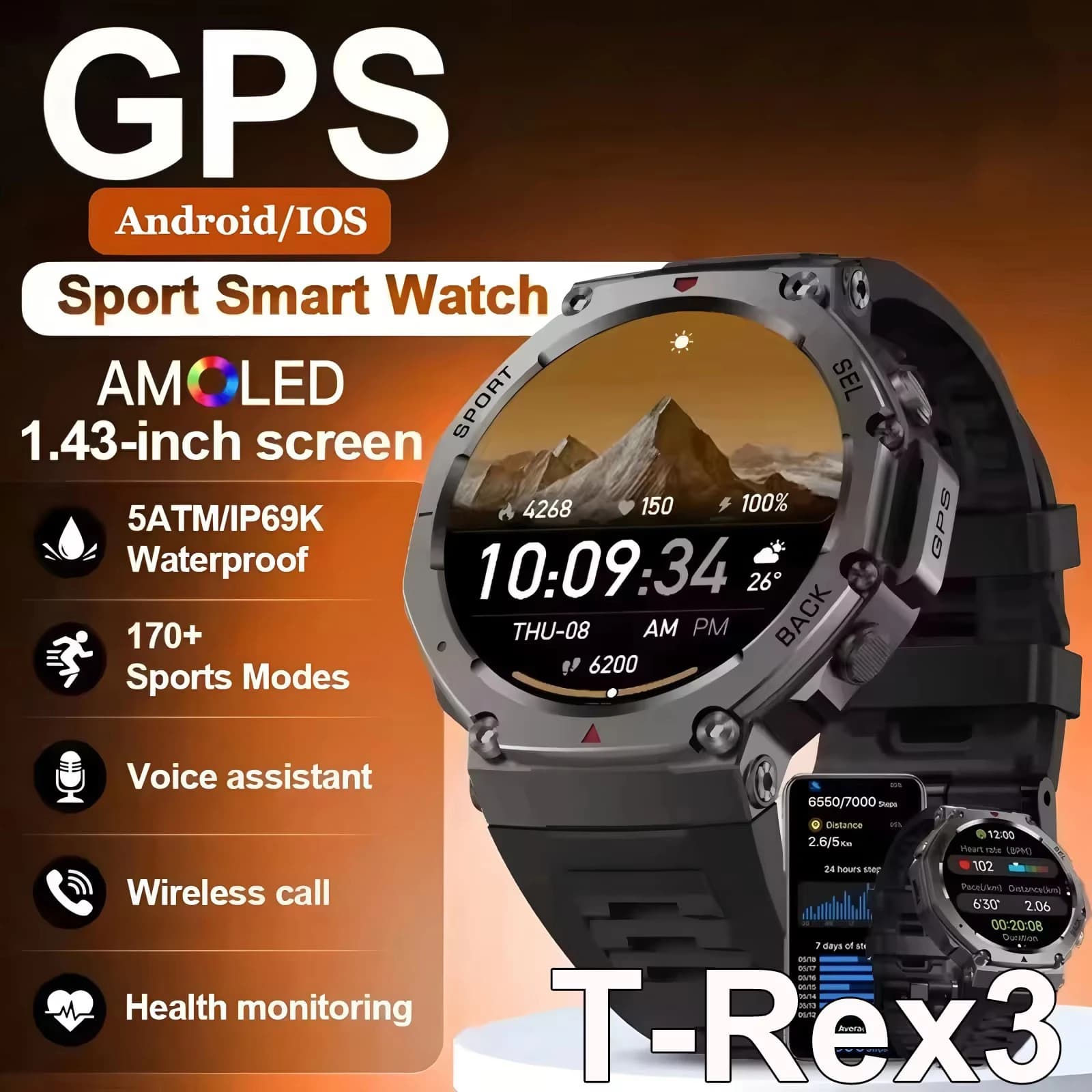 2025 NewT-REX3 Military SmartWatch GPS Built-in compass Height 10ATM Waterproof Sport Smartwatch Man Woman